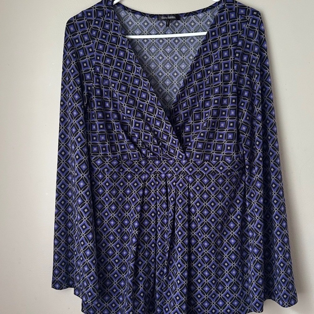 Y2K Daisy Fuentes Women's Purple Geometric Long Sleeve Babydoll Top Boho Indie